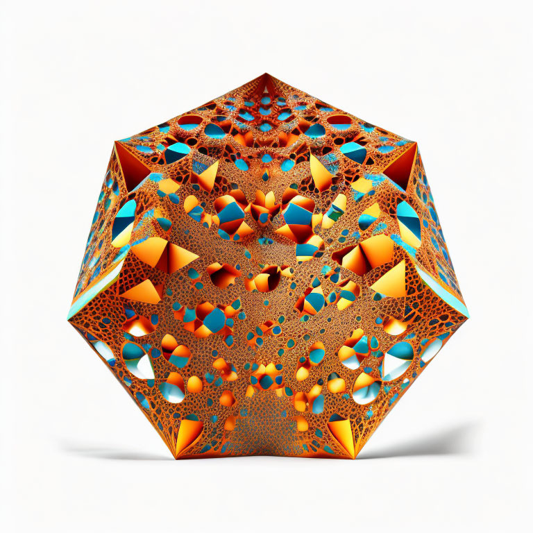 Intricate Orange and Blue Fractal Dodecahedron with Lace-Like Patterns