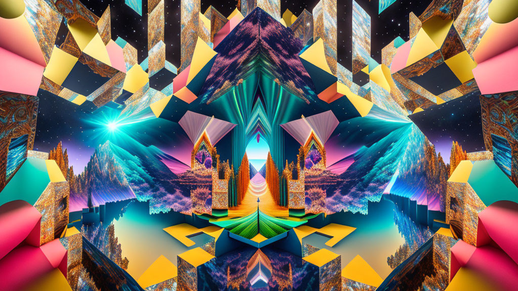 Symmetrical digital artwork: Mirrored mountain landscapes, colorful shapes, reflective waters, starry sky