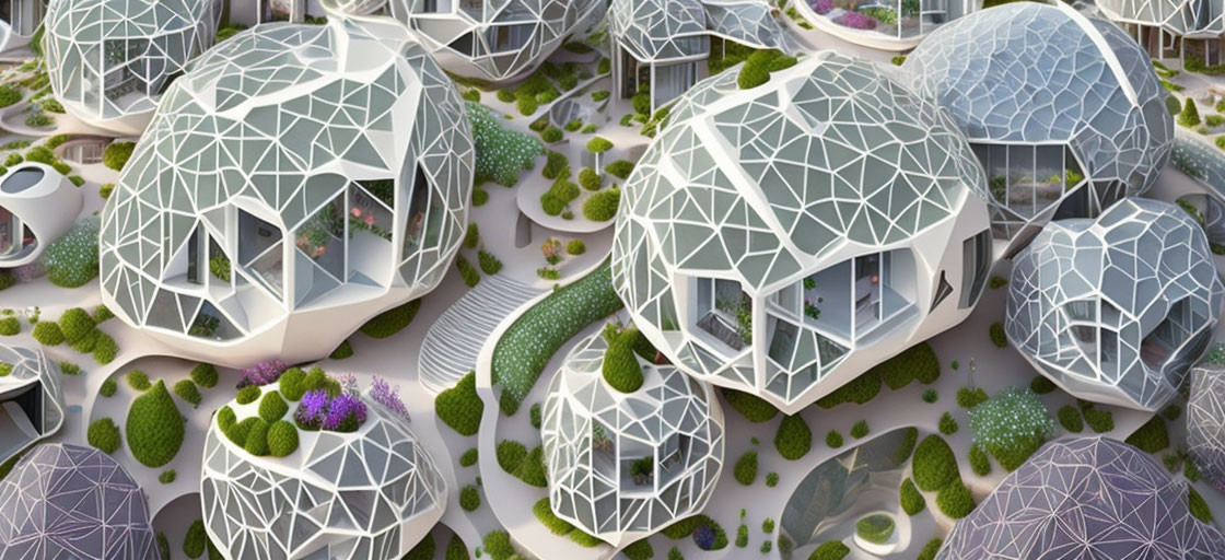 Eco-friendly dome structures with green roofs and interconnected pathways