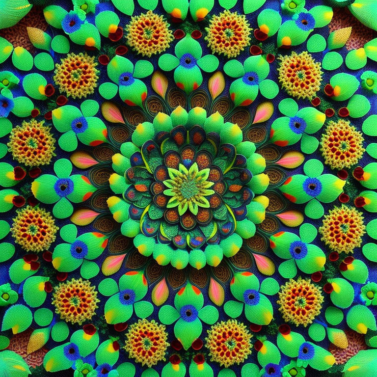 Colorful Symmetric Mandala Pattern with Floral and Peacock Feather Motifs