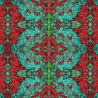 Symmetrical red and teal pattern reminiscent of traditional tapestry design