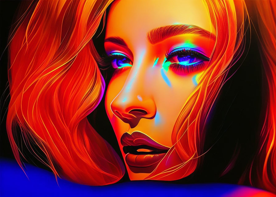 Colorful digital artwork: Woman with flowing hair in warm tones on neon blue and red backdrop