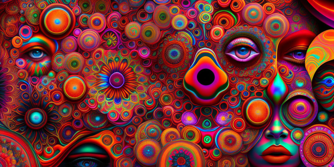 Vibrant abstract art with psychedelic faces and floral patterns