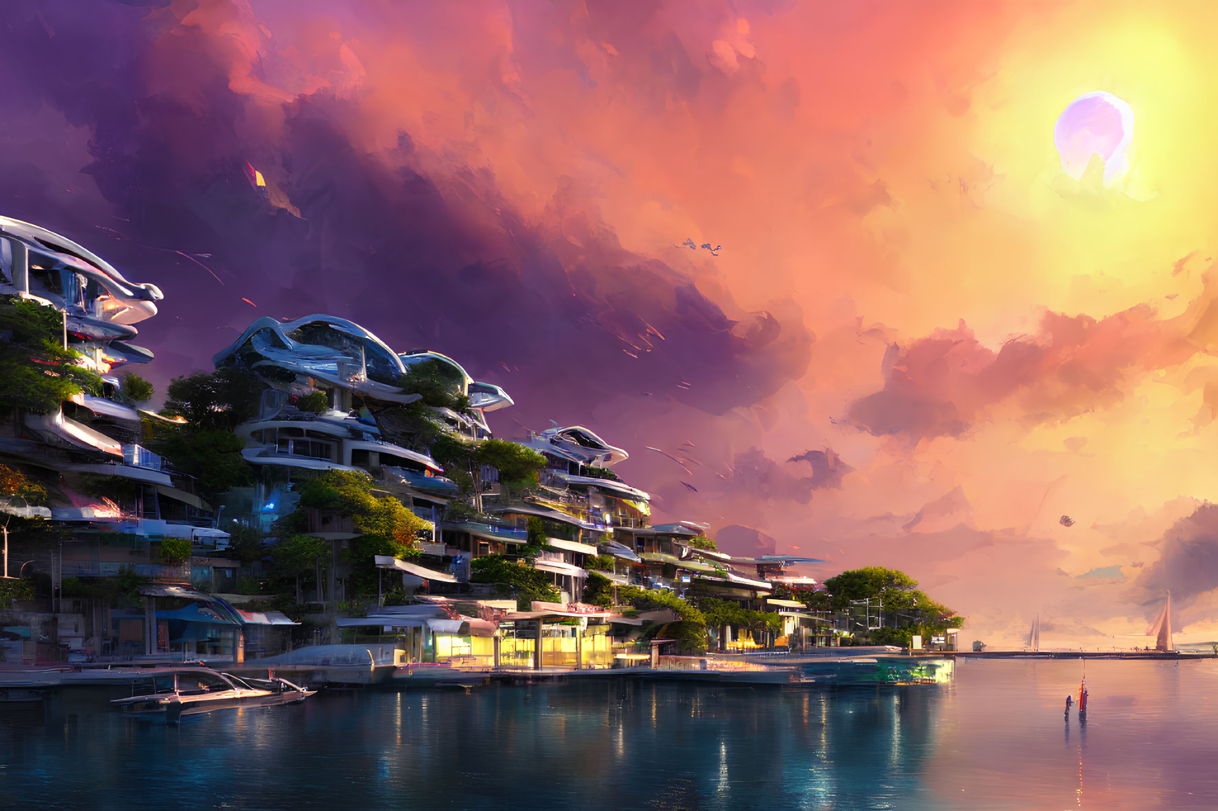 Futuristic waterfront cityscape at sunset with floating vehicles