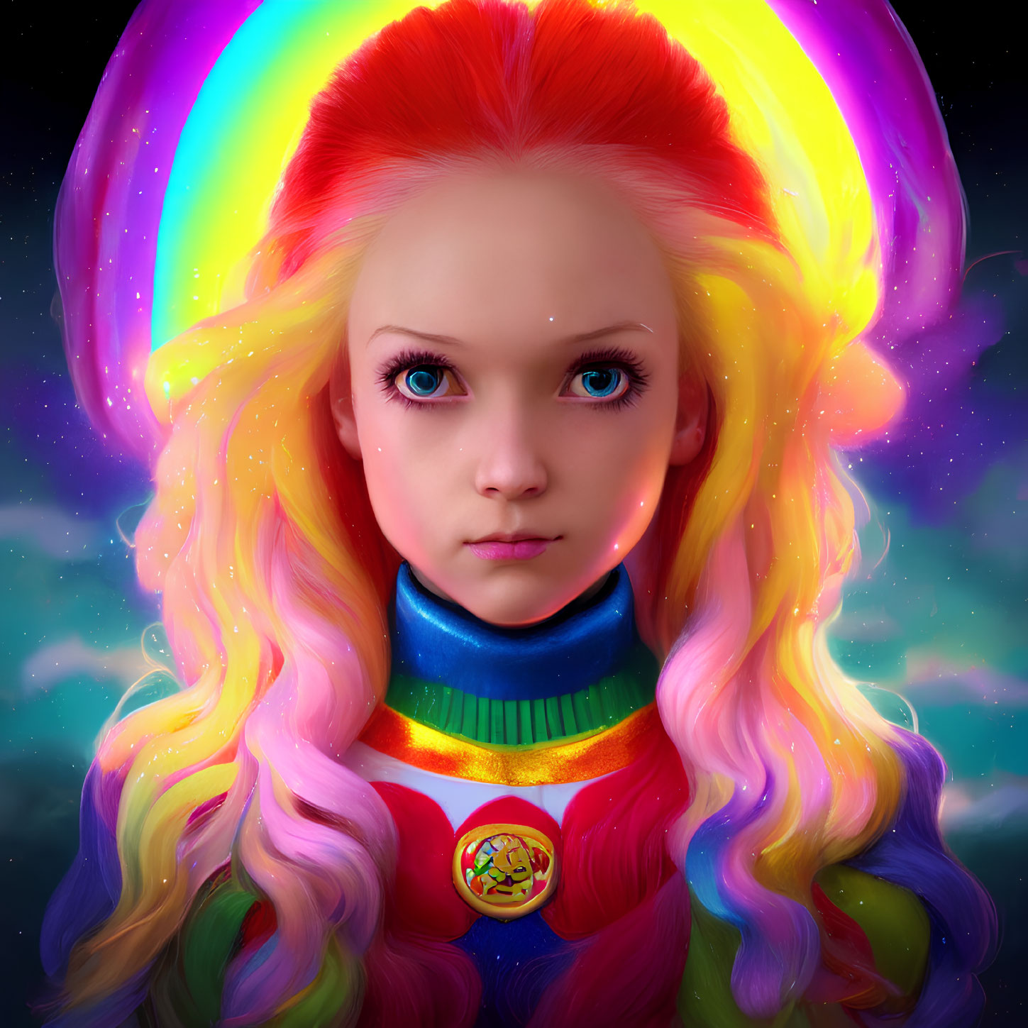 Digital artwork: Girl with rainbow hair and cosmic backdrop