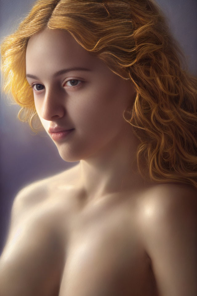 Golden Curly-Haired Woman Portrait with Soft Gaze and Subtle Smile