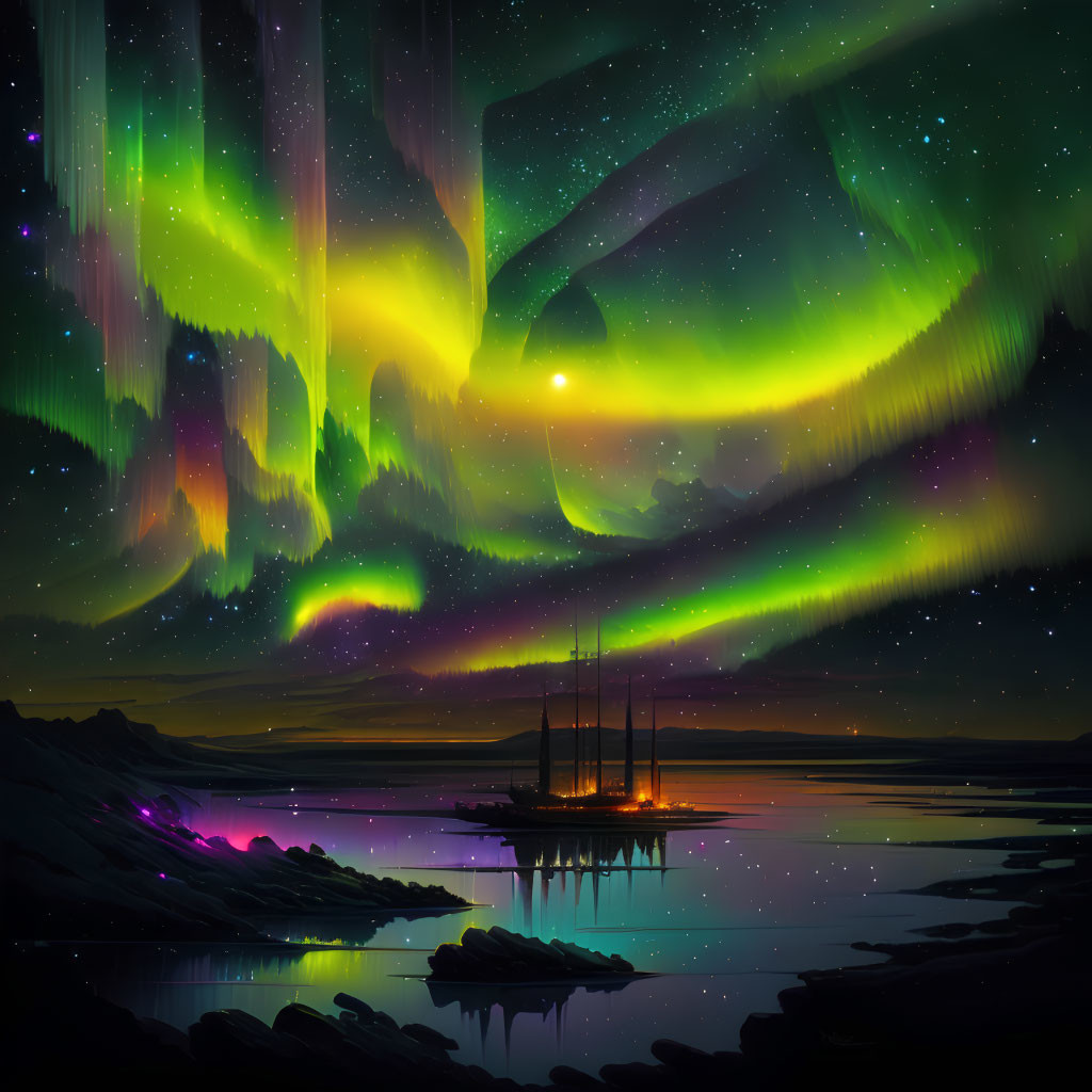 Starry night sky with vivid auroras over serene lake and sailboat