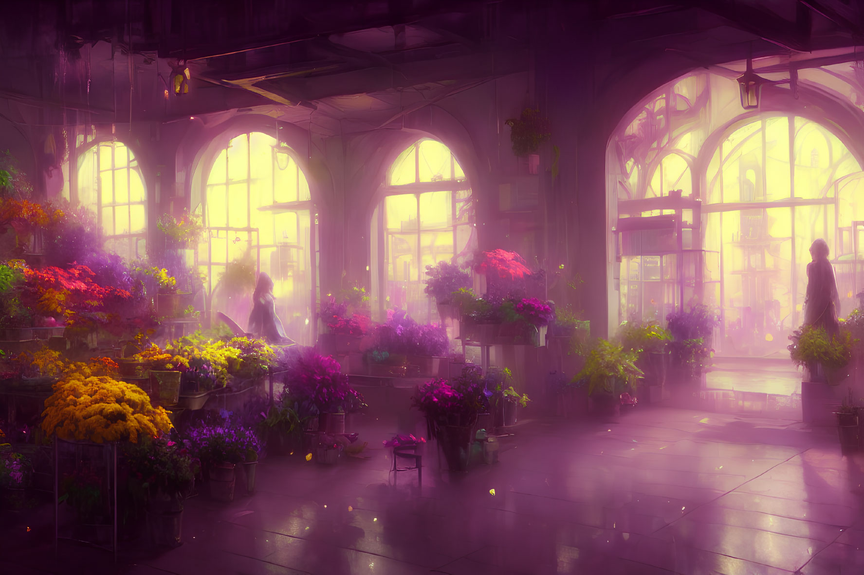 Purple-hued Indoor Garden with Blooming Flowers & Silhouettes