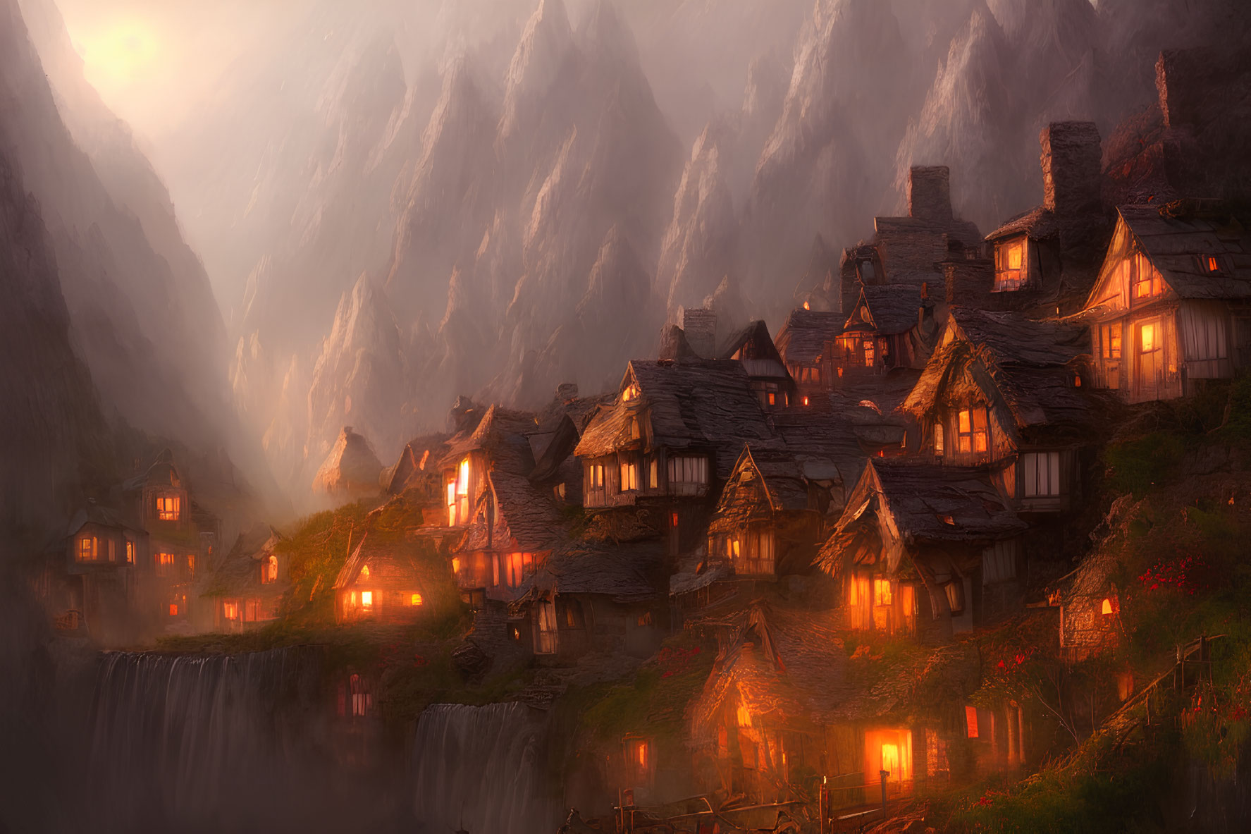 Scenic mountain village at sunset with warmly lit windows