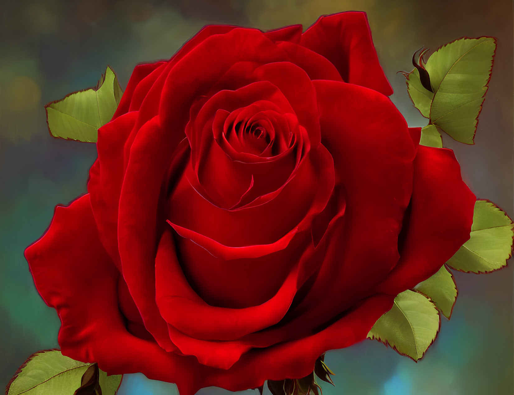 Detailed close-up of vibrant red rose with green leaves on soft-focus backdrop