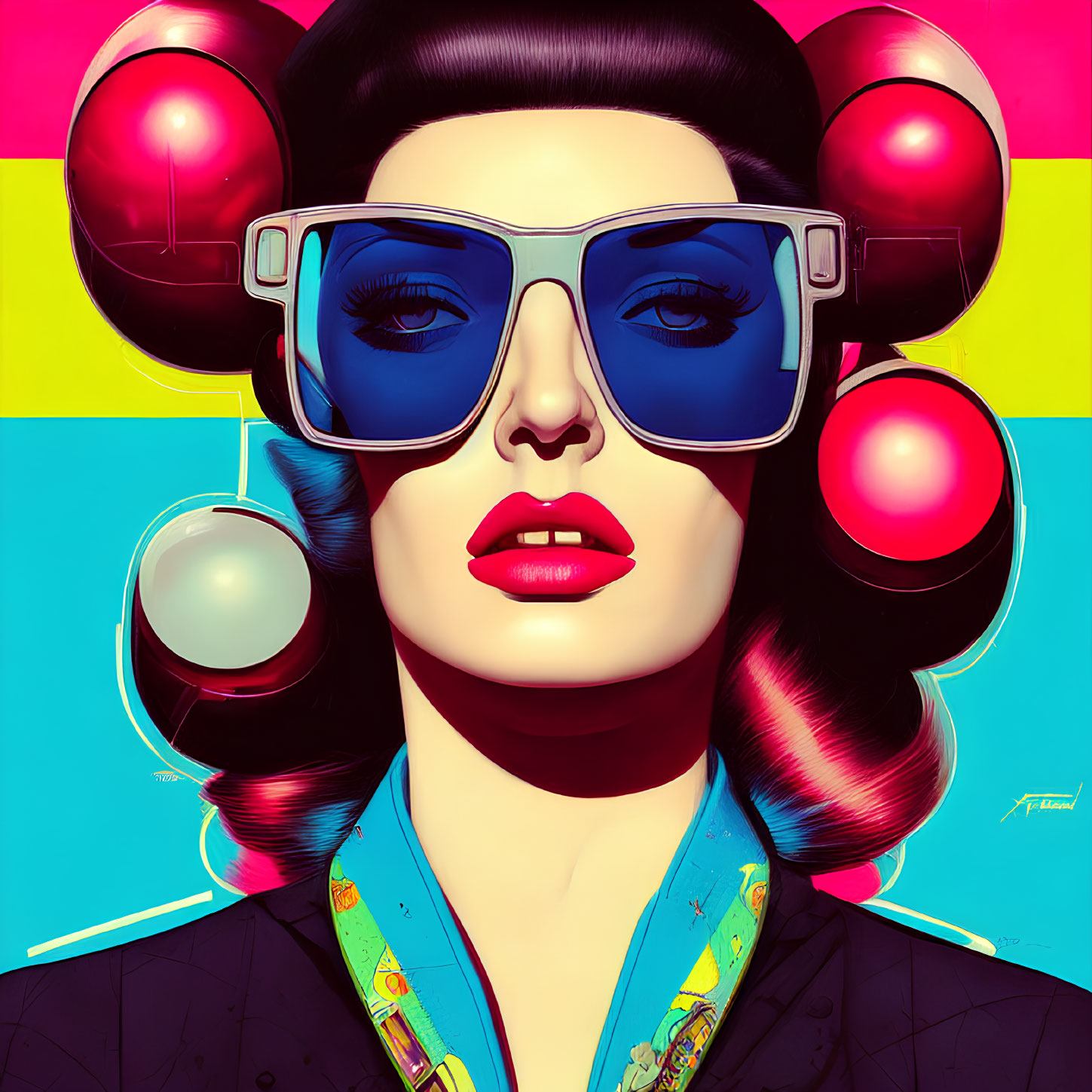 Vibrant pop art portrait of woman with headphones and sunglasses