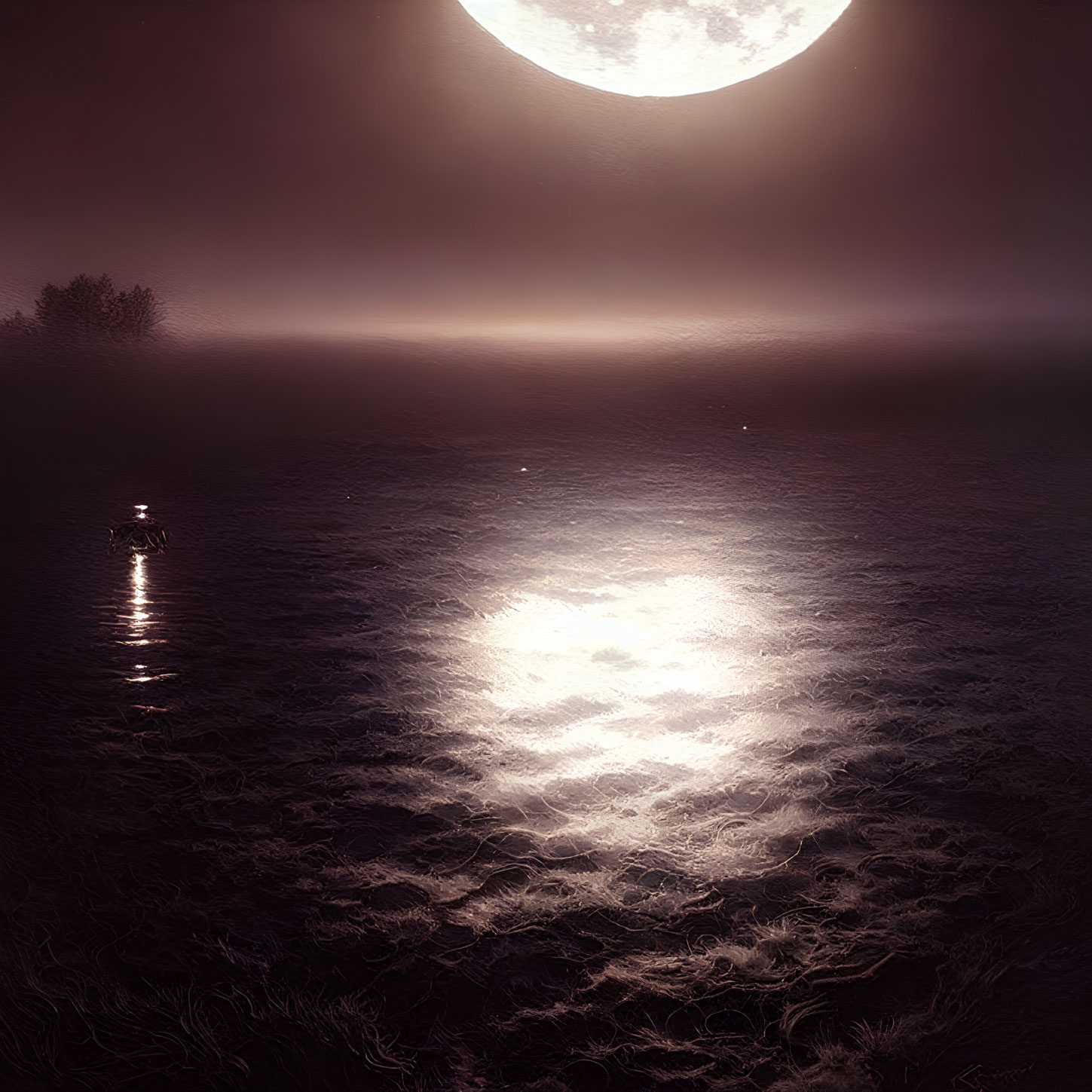 Tranquil nightscape with full moon reflection over misty water