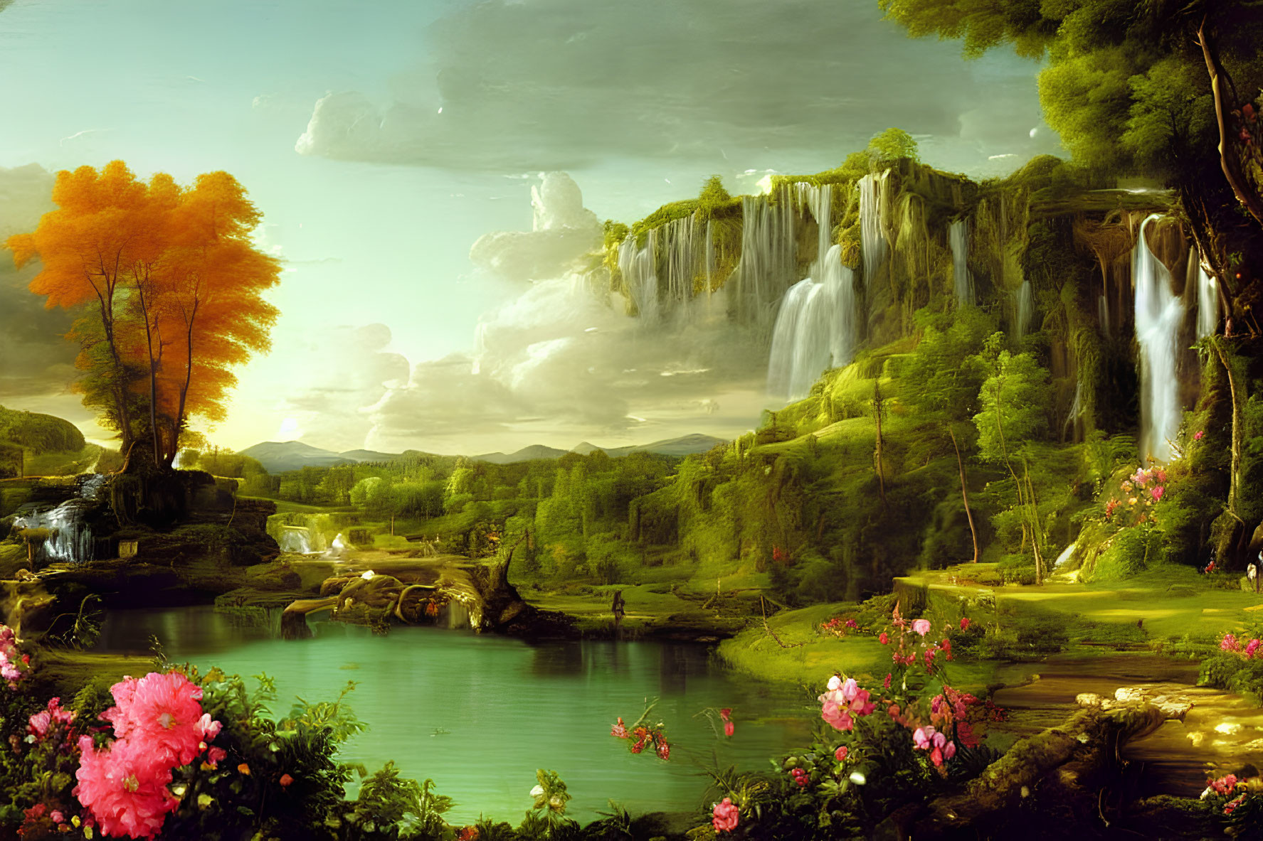 Tranquil landscape painting with vibrant waterfalls and lush greenery