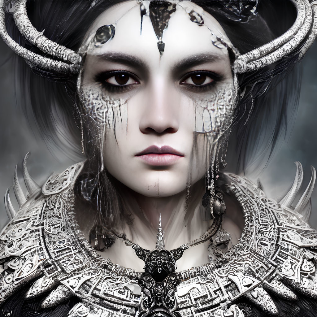 Detailed digital portrait of a person with metallic horns, silver armor, chain adornment, intense gaze,