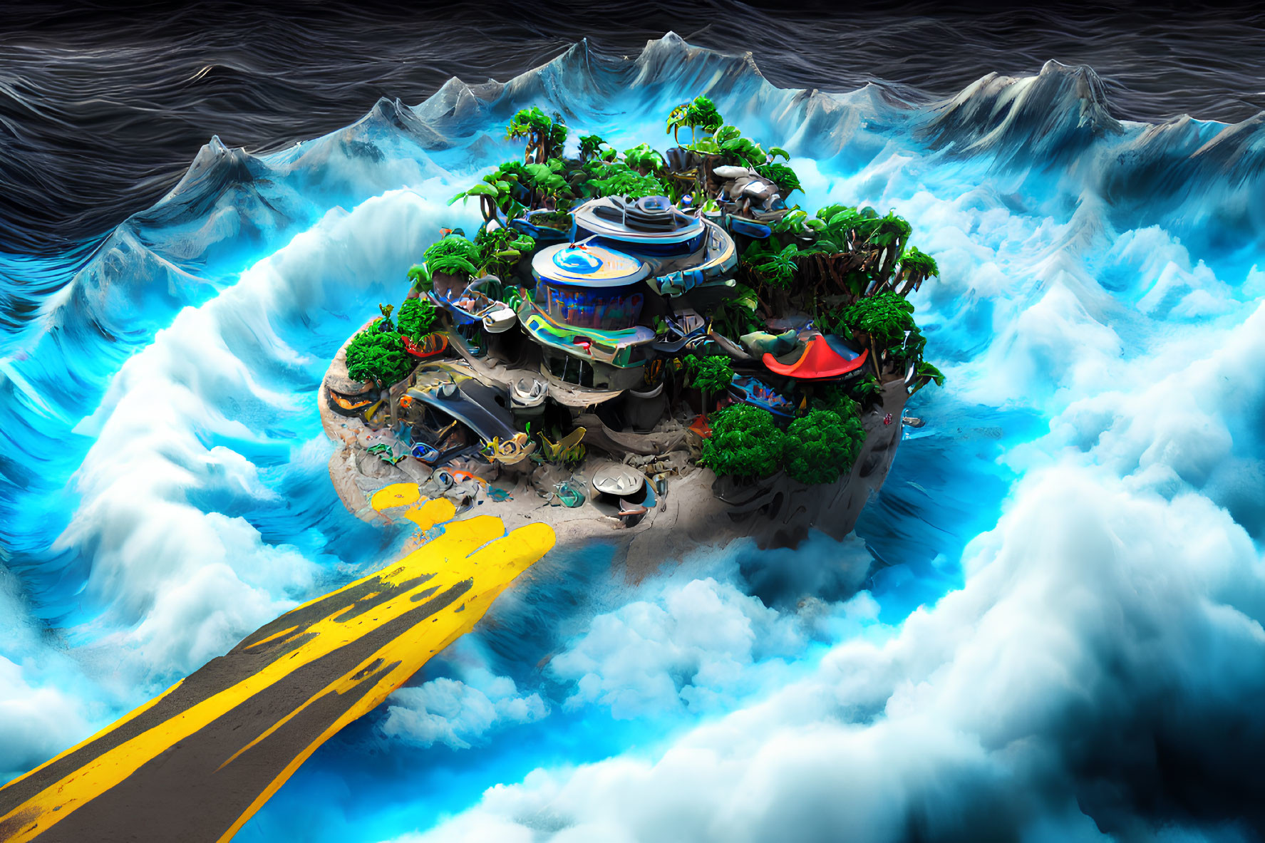 Futuristic island city with landing strip in turbulent blue waves