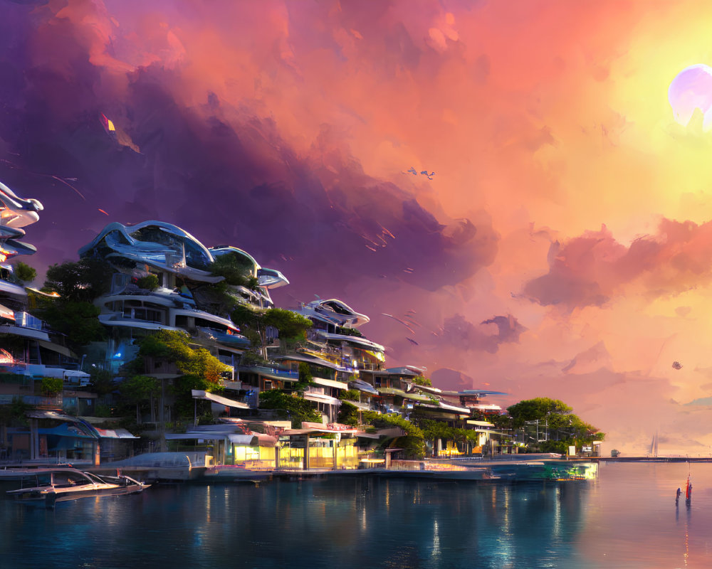 Futuristic waterfront cityscape at sunset with floating vehicles