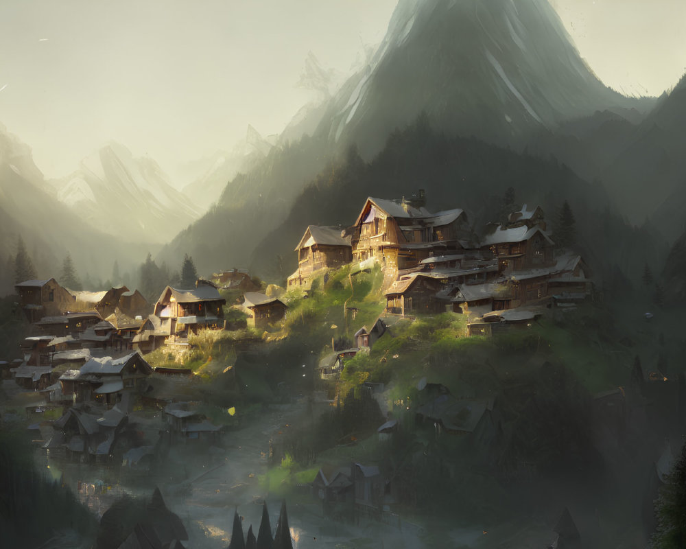 Scenic mountain village with rustic houses and misty peaks