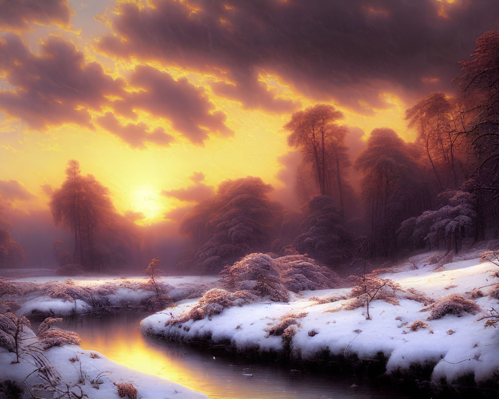 Winter Sunset Landscape with Snowy Trees and River in Golden Light