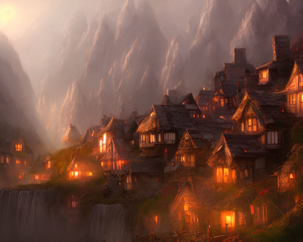 Scenic mountain village at sunset with warmly lit windows