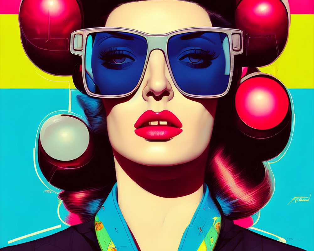 Vibrant pop art portrait of woman with headphones and sunglasses