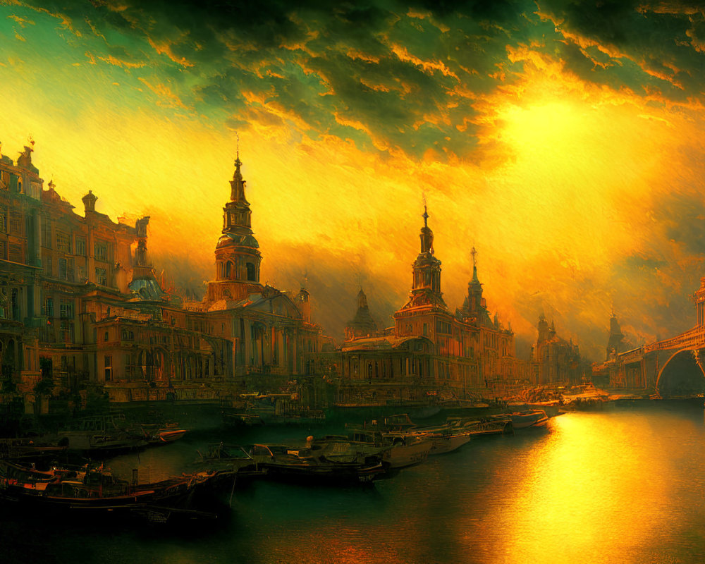 Vibrant sunset over historic riverfront cityscape with baroque architecture, boats, and bridge