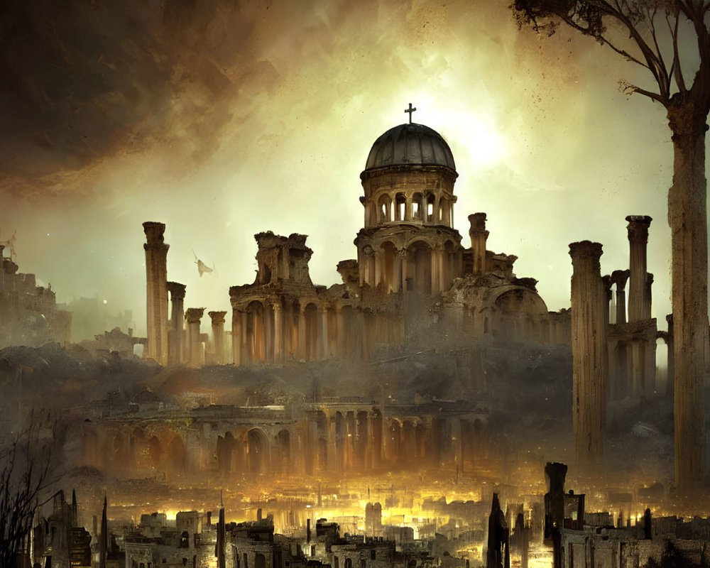 Ruined ancient city with dome and columns at dusk