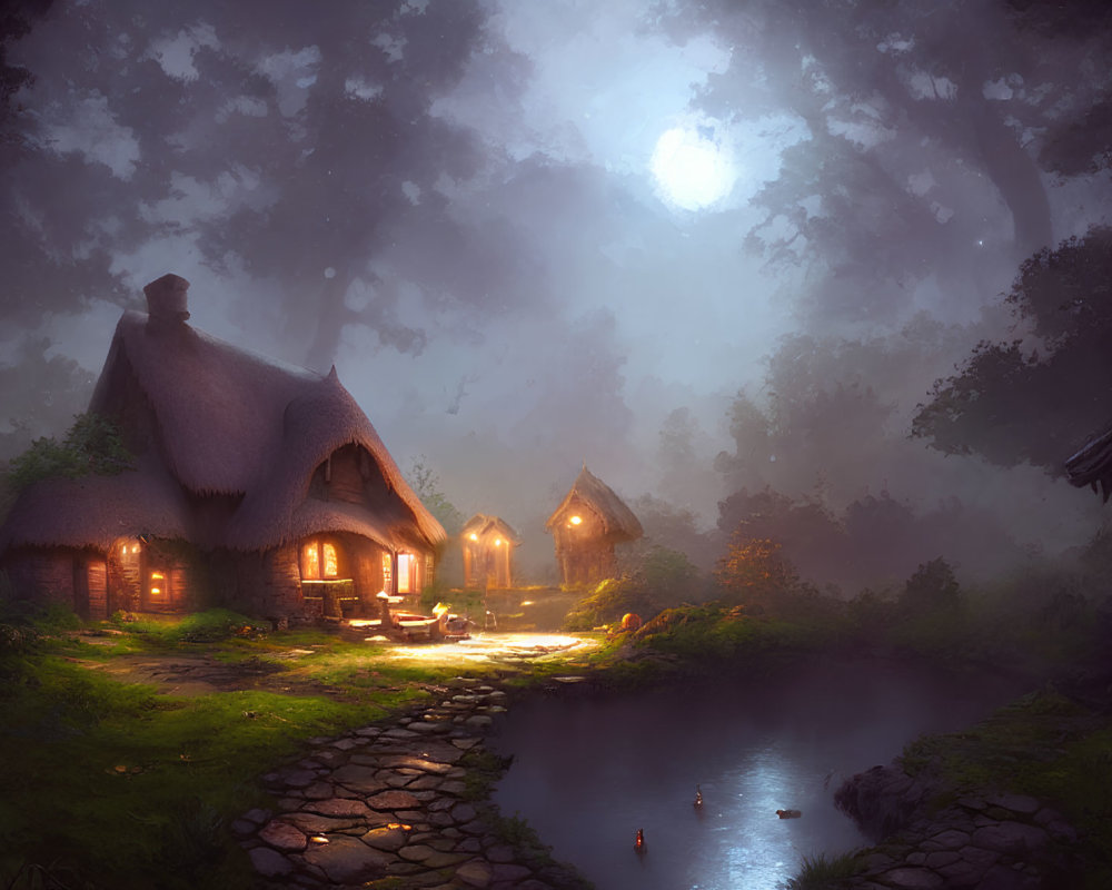 Tranquil fantasy cottage with thatched roof in misty moonlit landscape