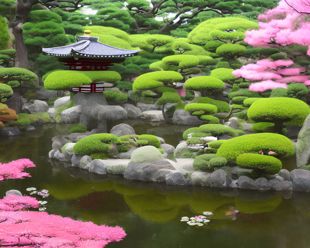 Japanese garden with cherry blossoms, red bridge, pond & pagoda