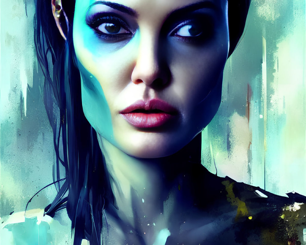 Abstract digital artwork: Woman with blue highlights and paint streaks