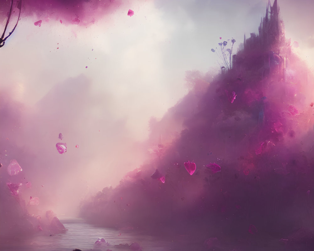 Fantasy landscape with pink and purple sky, floating crystals, castle, and figure in river