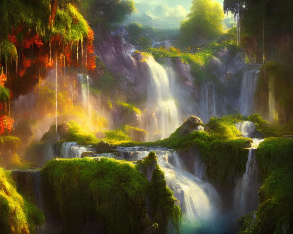 Tranquil Fantasy Landscape with Waterfalls and Autumn Trees