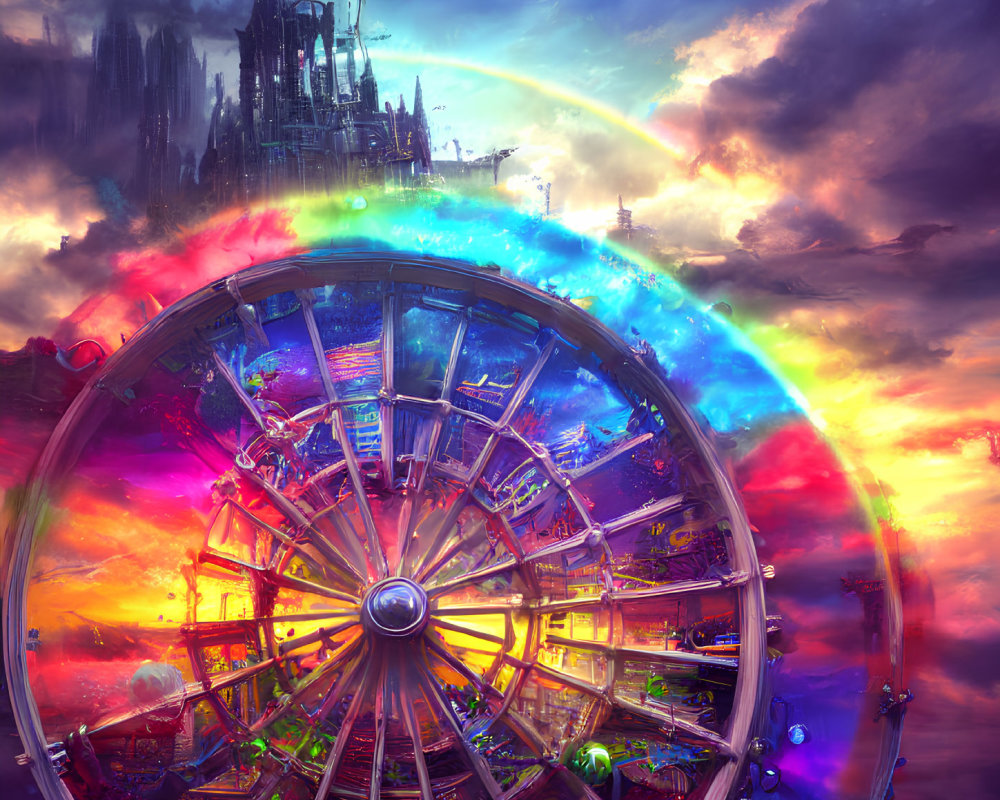 Colorful fantasy cityscape with ferris wheel and rainbow under dramatic sky