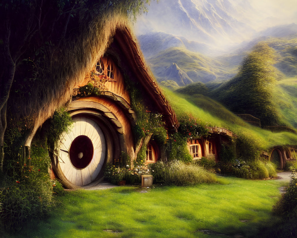 Cozy hobbit-like house in lush green landscape