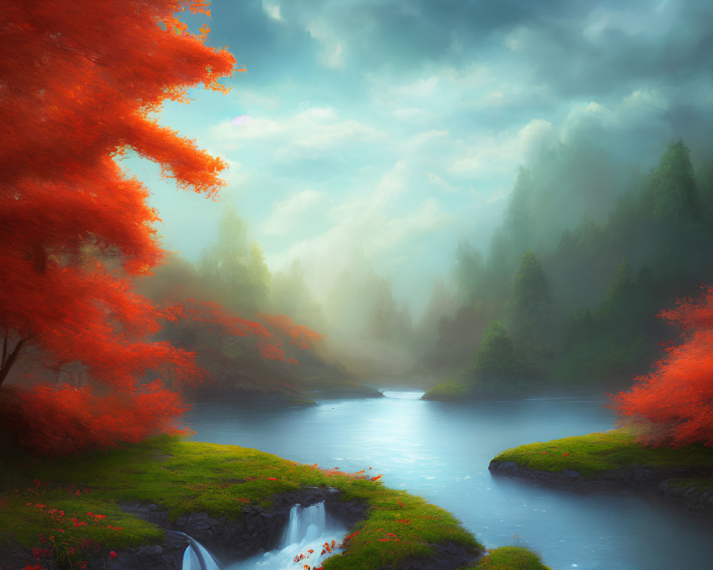 Tranquil autumn river scene with red trees and misty hills