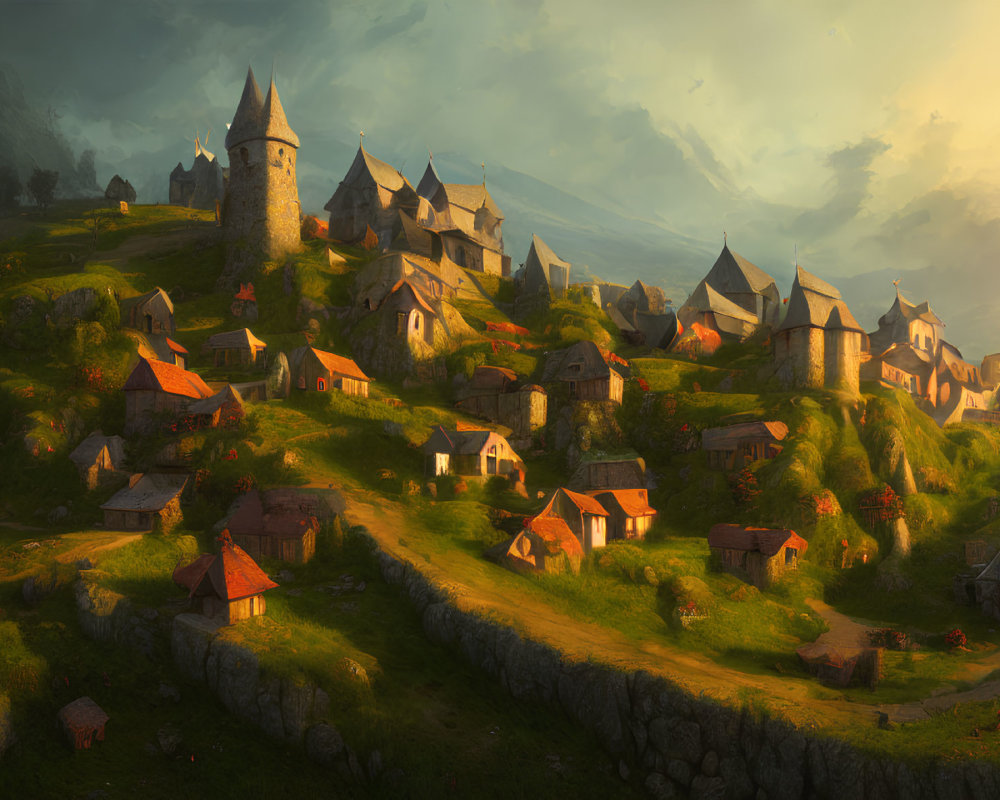 Fantasy village with rustic houses and stone tower in golden sunlight