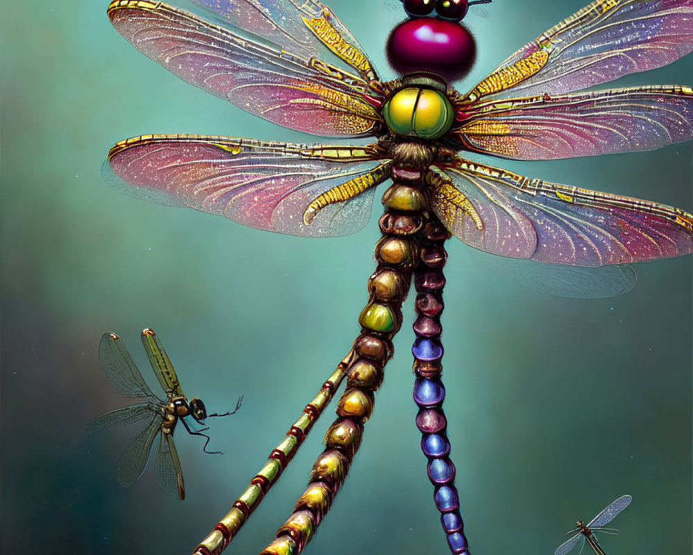 Colorful oversized dragonfly with smaller dragonflies on teal background