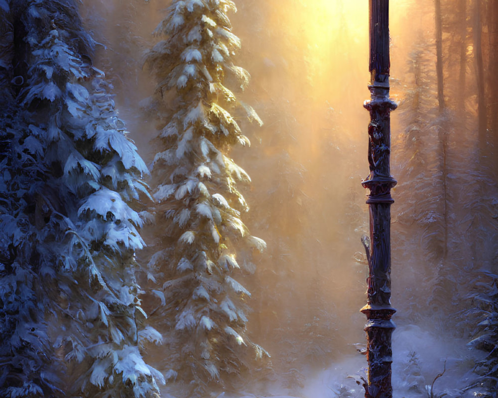 Snowy Path Illuminated by Street Lamp in Winter Forest