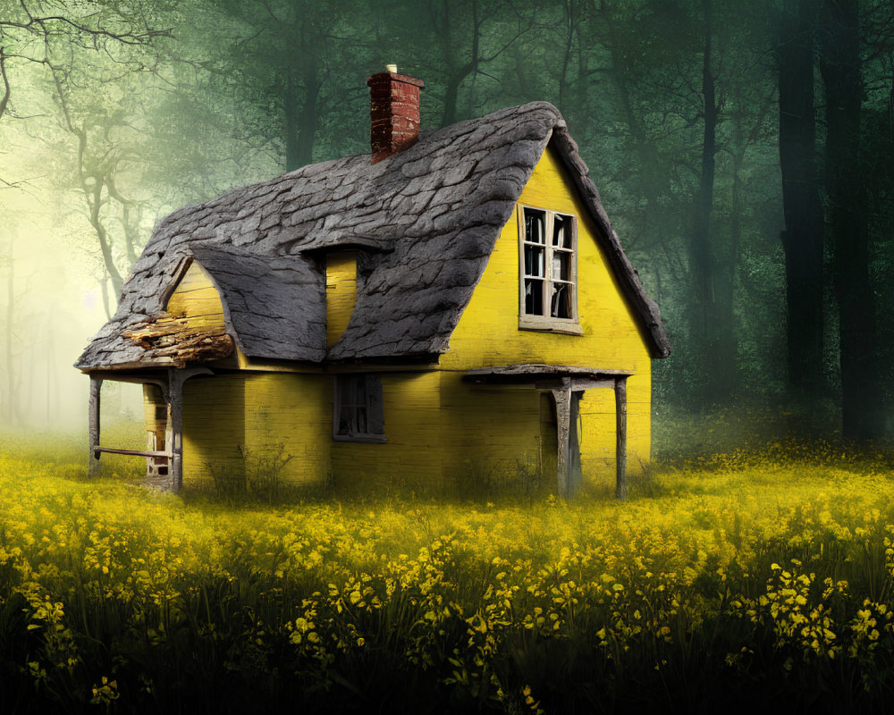 Yellow Thatched Roof House Surrounded by Trees and Flowers