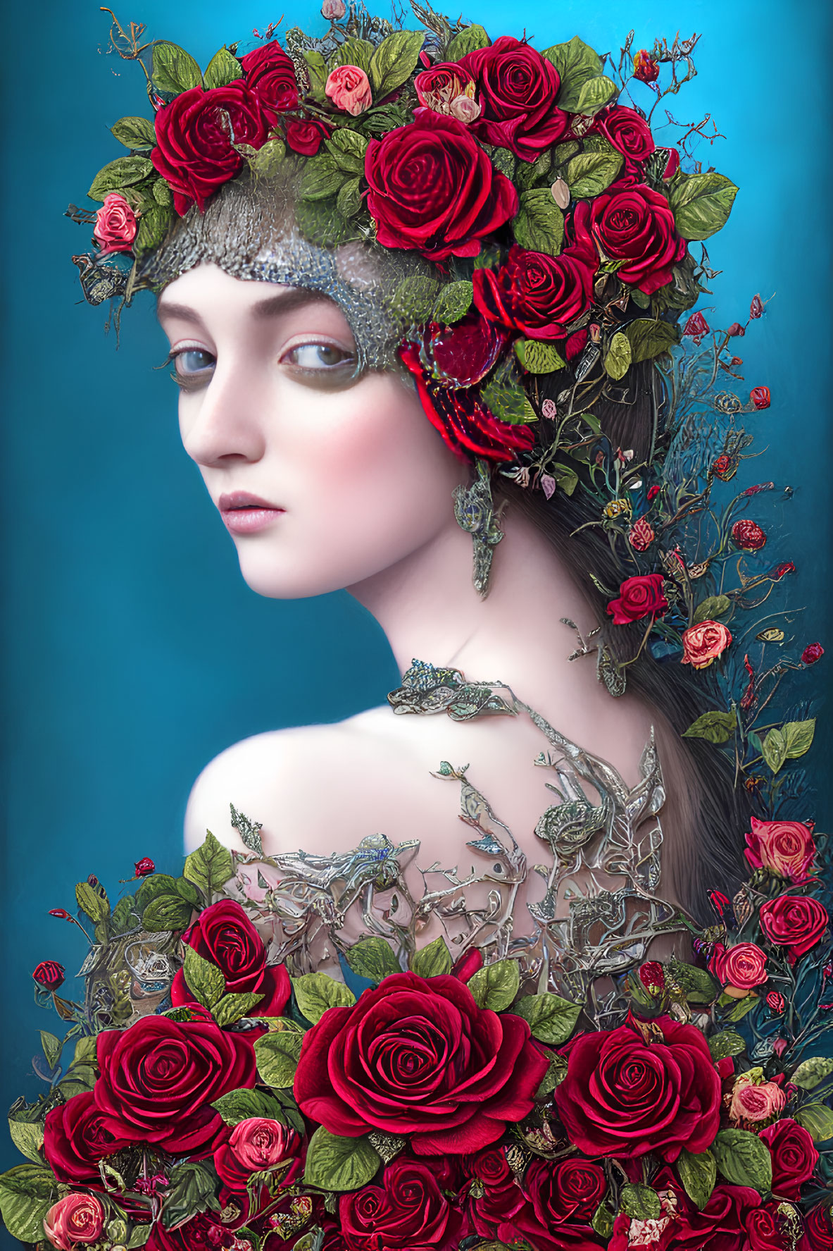 Woman portrait with red rose wreath and foliage on blue background