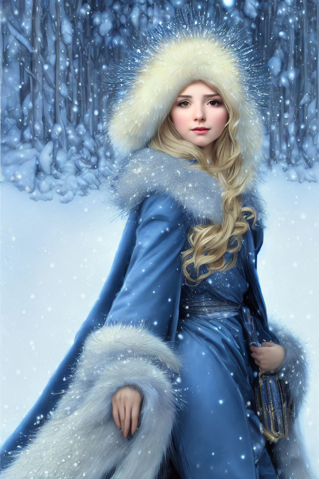 Woman in Blue Winter Coat Standing in Snowy Forest