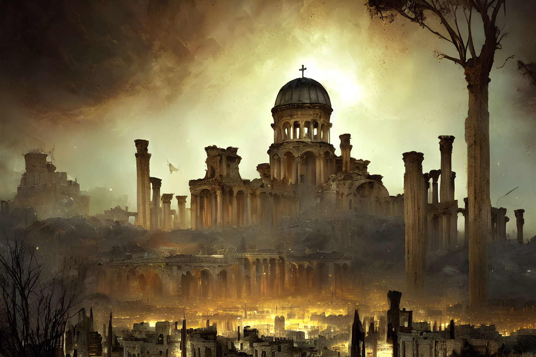 Ruined ancient city with dome and columns at dusk