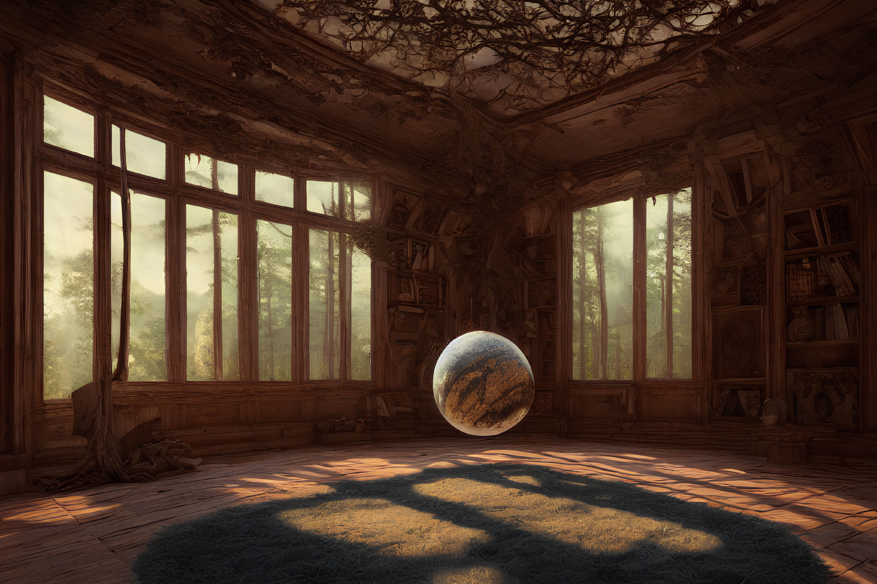 Sunlit wooden room with planet-like sphere, tree roots, and bookshelf merging nature and surreal elements