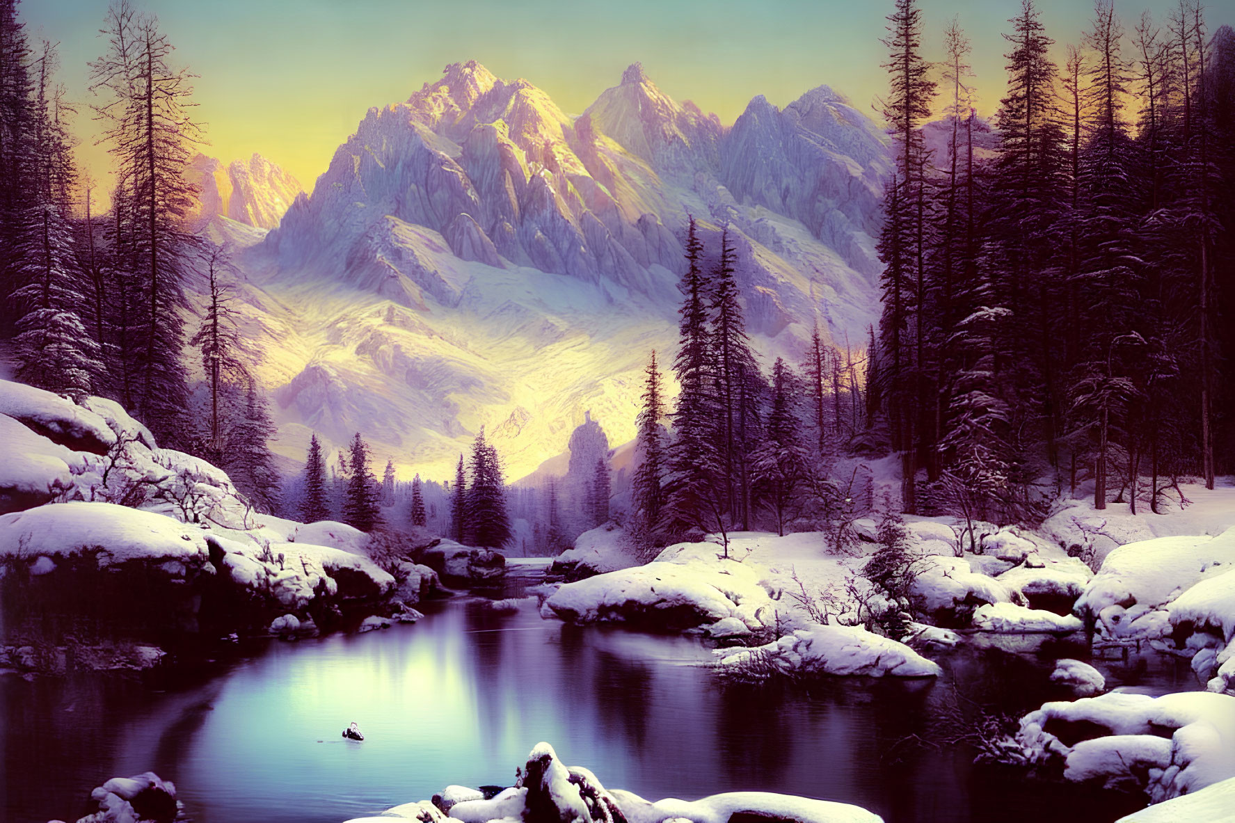 Snow-covered trees, tranquil river, and majestic mountains in serene winter landscape