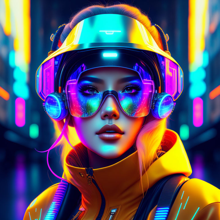 Neon-lit headphones and glasses against cyberpunk cityscape