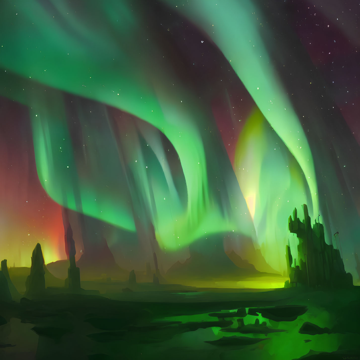 Vivid Green and Red Aurora Borealis Over Dark Landscape