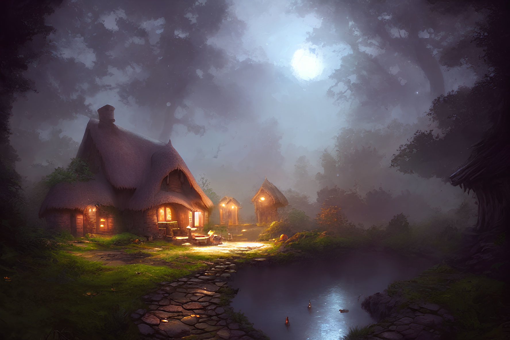 Tranquil fantasy cottage with thatched roof in misty moonlit landscape