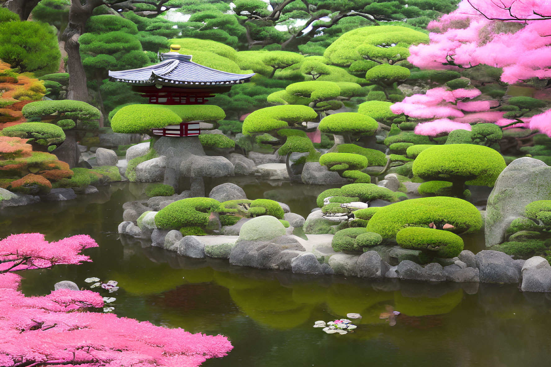 Japanese garden with cherry blossoms, red bridge, pond & pagoda