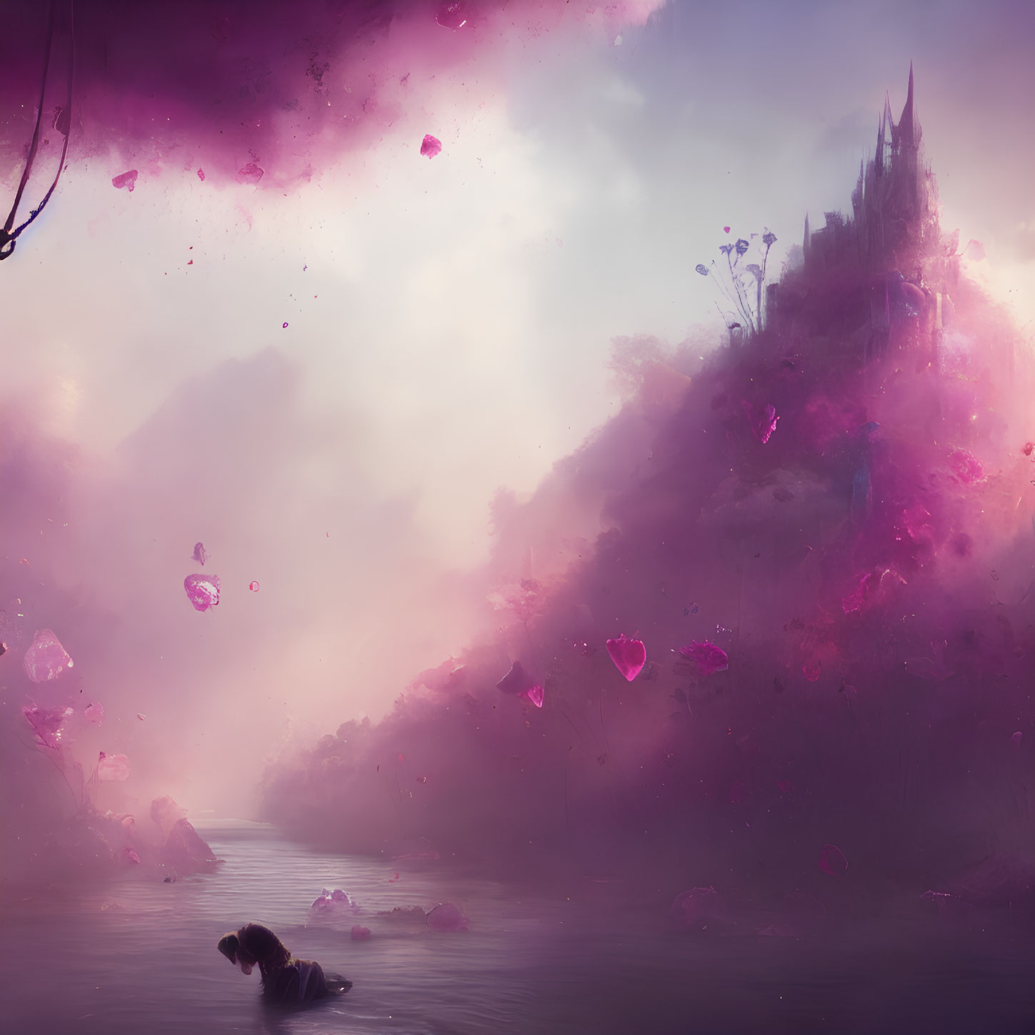 Fantasy landscape with pink and purple sky, floating crystals, castle, and figure in river