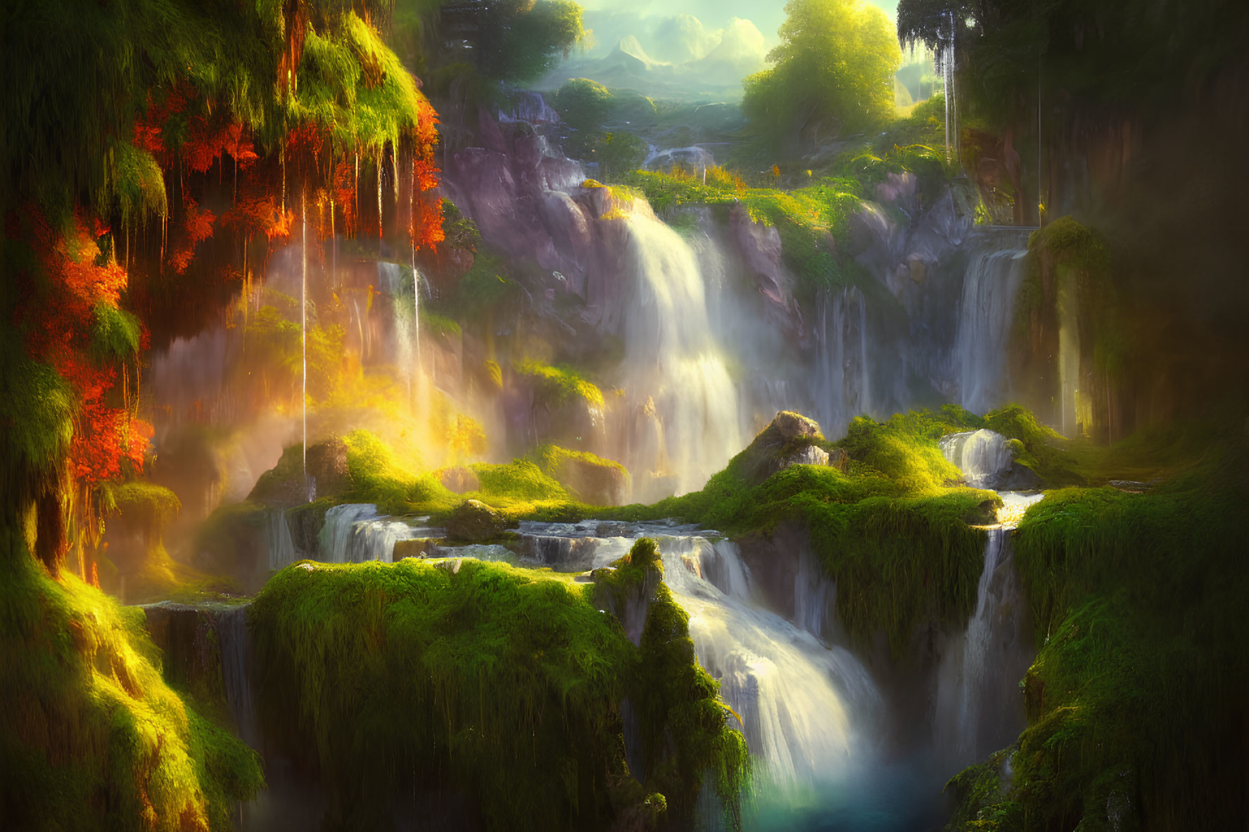 Tranquil Fantasy Landscape with Waterfalls and Autumn Trees