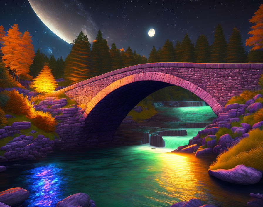 Colorful Trees and Stone Bridge in Luminous Night Landscape